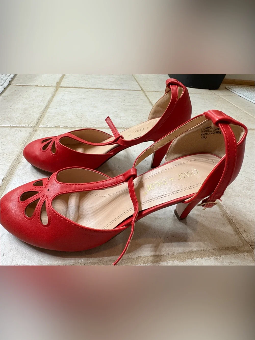 Chase + Chloe Red T-Strap Cutout Heels